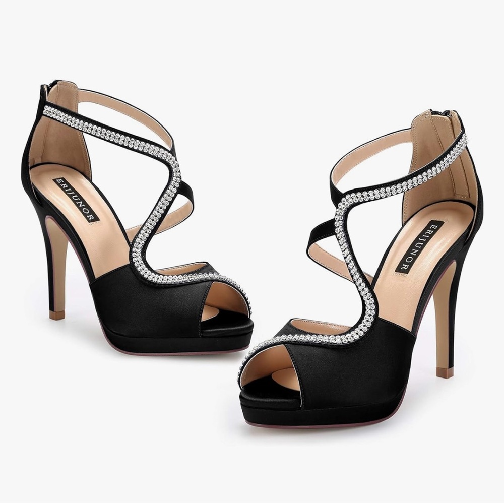 ERIJUNOR High Heels Peep Toe Rhinestone S Strap Prom Wedding Evening Shoes